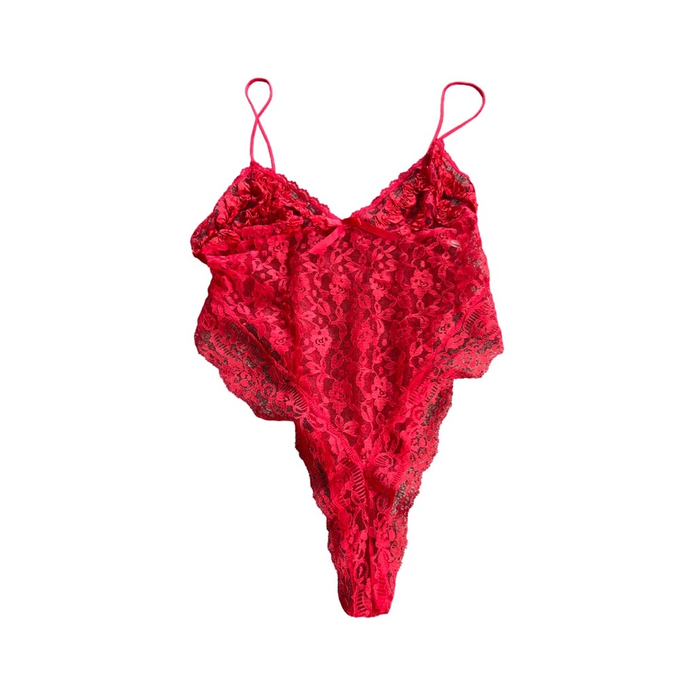 Vibrant Red Chemise with Sheer Lace and Plunging Neckline